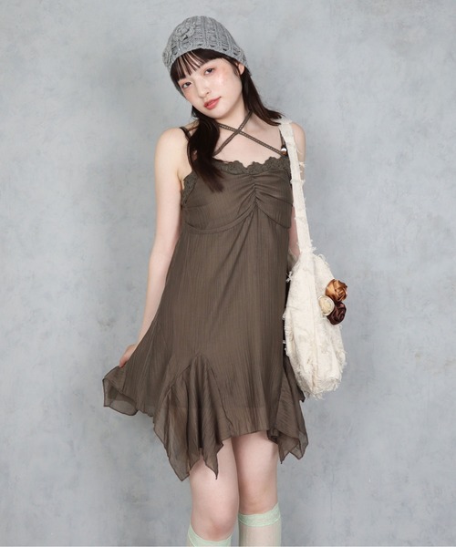 BARELY BLUE（ベアリーブルー）の「【 BARELY BLUE / ベアリーブルー 】 レース ホルターネック イレヘム キャミワンピース（ワンピース・レディース・ブラウン/ミント・FREE）」の10枚目の写真