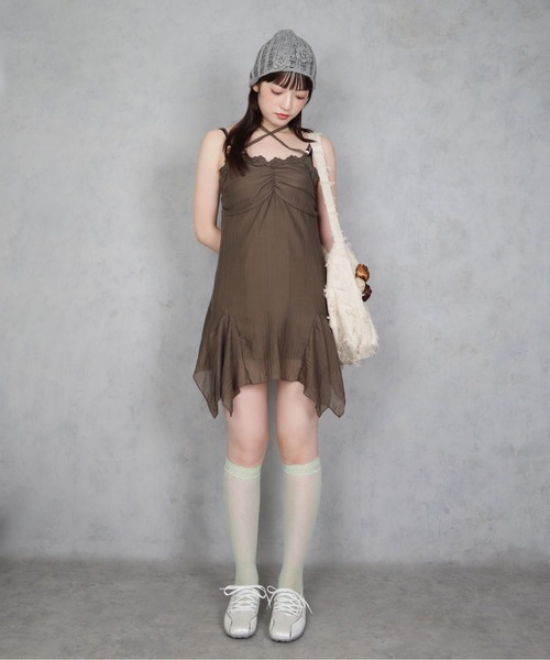BARELY BLUE（ベアリーブルー）の「【 BARELY BLUE / ベアリーブルー 】 レース ホルターネック イレヘム キャミワンピース（ワンピース・レディース・ブラウン/ミント・FREE）」の9枚目の写真