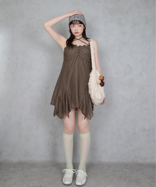 BARELY BLUE（ベアリーブルー）の「【 BARELY BLUE / ベアリーブルー 】 レース ホルターネック イレヘム キャミワンピース（ワンピース・レディース・ブラウン/ミント・FREE）」の8枚目の写真