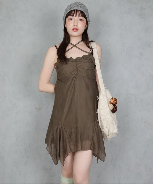 BARELY BLUE（ベアリーブルー）の「【 BARELY BLUE / ベアリーブルー 】 レース ホルターネック イレヘム キャミワンピース（ワンピース・レディース・ブラウン/ミント・FREE）」の7枚目の写真