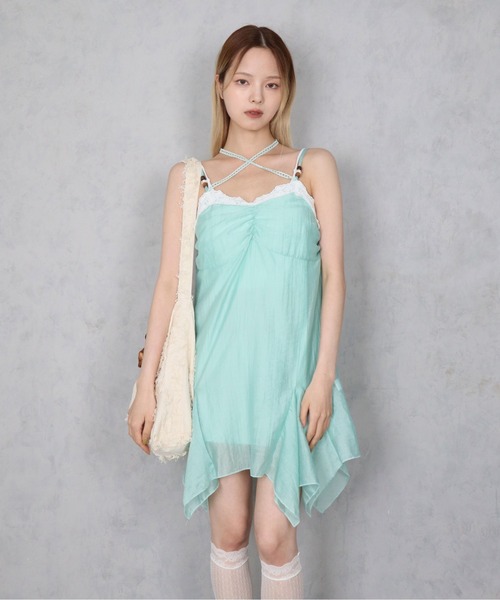 BARELY BLUE（ベアリーブルー）の「【 BARELY BLUE / ベアリーブルー 】 レース ホルターネック イレヘム キャミワンピース（ワンピース・レディース・ブラウン/ミント・FREE）」の11枚目の写真