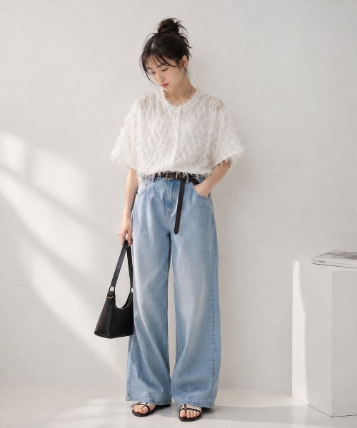 KONVINI(コンビニ)の「【KONVINI select】フリンジニット 半袖カーディガン クルーネック 透かし編み シアートップス オフィスカジュアル(シャツ/ブラウス・レディース・ブラック/ホワイト・FREE)」の15枚目の写真