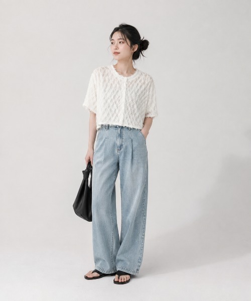 KONVINI(コンビニ)の「【KONVINI select】フリンジニット 半袖カーディガン クルーネック 透かし編み シアートップス オフィスカジュアル(シャツ/ブラウス・レディース・ブラック/ホワイト・FREE)」の6枚目の写真