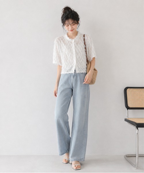 KONVINI(コンビニ)の「【KONVINI select】フリンジニット 半袖カーディガン クルーネック 透かし編み シアートップス オフィスカジュアル(シャツ/ブラウス・レディース・ブラック/ホワイト・FREE)」の20枚目の写真