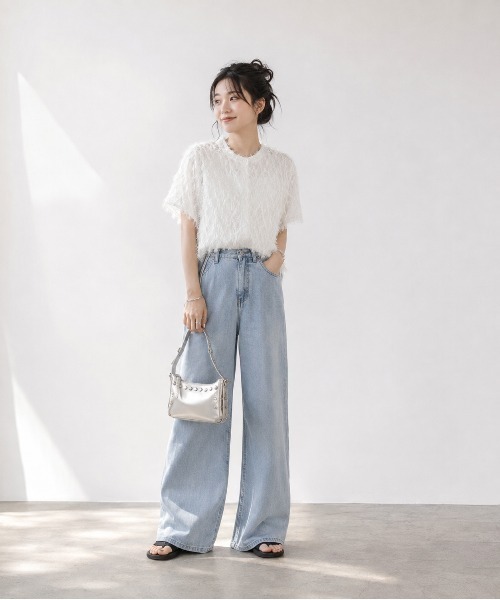 KONVINI(コンビニ)の「【KONVINI select】フリンジニット 半袖カーディガン クルーネック 透かし編み シアートップス オフィスカジュアル(シャツ/ブラウス・レディース・ブラック/ホワイト・FREE)」の22枚目の写真