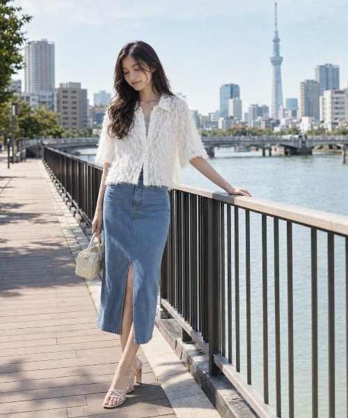 KONVINI(コンビニ)の「【KONVINI select】フリンジニット 半袖カーディガン クルーネック 透かし編み シアートップス オフィスカジュアル(シャツ/ブラウス・レディース・ブラック/ホワイト・FREE)」の21枚目の写真