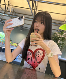 DTF ピンクハート クールコットン ウィメンズ クロップ 半袖Tシャツ ホワイト