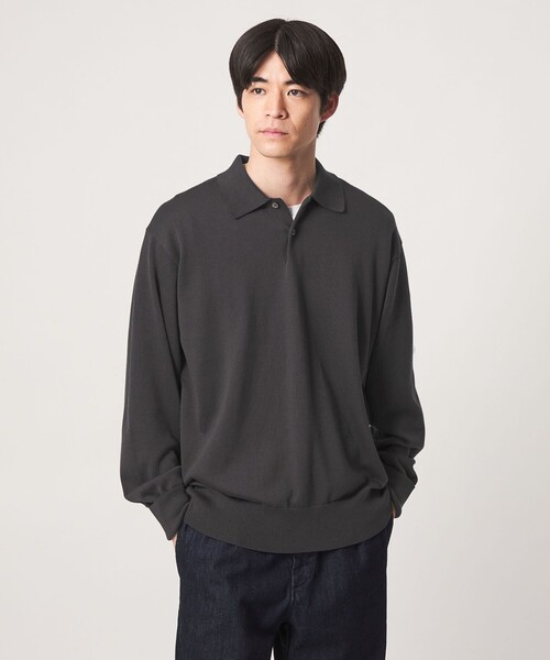 green label relaxing（グリーンレーベルリラクシング）の「FINE BASIC アメリカンシーアイランドコットン 長袖 ニットポロシャツ（ポロシャツ・メンズ・ベージュ/ダークグレー・XL/M/L）」の5枚目の写真