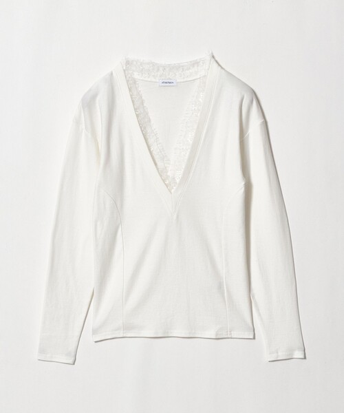 ATTISESSION(アティセッション)の「<ATTISESSION>レーストリム Vネック ロングスリーブ カットソー(Tシャツ/カットソー・レディース・ブラック/ホワイト・FREE)」の1枚目の写真