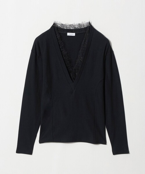 ATTISESSION(アティセッション)の「<ATTISESSION>レーストリム Vネック ロングスリーブ カットソー(Tシャツ/カットソー・レディース・ブラック/ホワイト・FREE)」の2枚目の写真