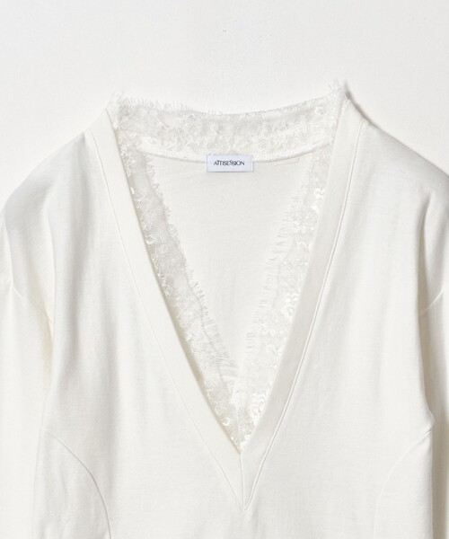 ATTISESSION(アティセッション)の「<ATTISESSION>レーストリム Vネック ロングスリーブ カットソー(Tシャツ/カットソー・レディース・ブラック/ホワイト・FREE)」の7枚目の写真