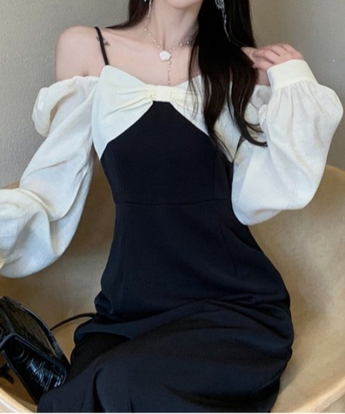 &soiree(アンドソワレ)の「リボンオフショルミディ丈ワンピース(ワンピース・レディース・ブラック・SMALL/MEDIUM/LARGE/X-LARGE)」の4枚目の写真