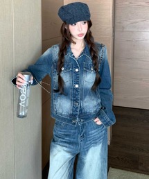 【デニムセットアップ】ブリーチ色落ちデニムジャケット&ワイドデニムパンツ