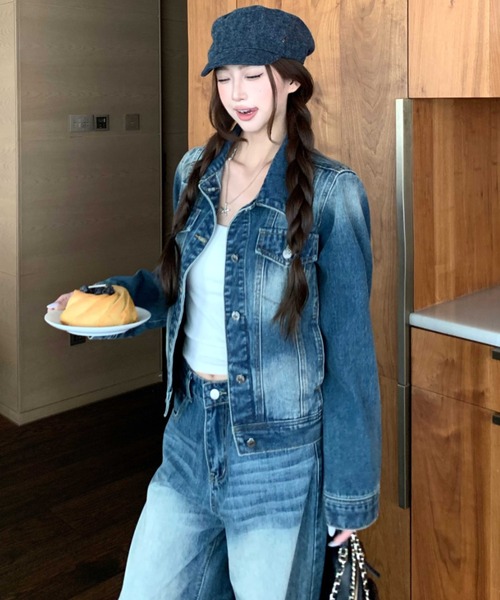 Aelina(エリナ)の「【デニムセットアップ】ブリーチ色落ちデニムジャケット&ワイドデニムパンツ(セットアップ・レディース・ブルー・XL/L/M/S)」の5枚目の写真