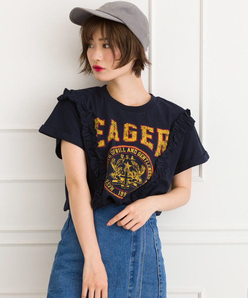 SpRay(スプレイ)の「サイドフリルカレッヂプリントTシャツ(Tシャツ/カットソー・レディース・ホワイト/グレー/スミクロ/マスタード/ネイビー・FREE)」の5枚目の写真