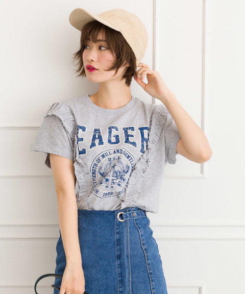 SpRay(スプレイ)の「サイドフリルカレッヂプリントTシャツ(Tシャツ/カットソー・レディース・ホワイト/グレー/スミクロ/マスタード/ネイビー・FREE)」の4枚目の写真