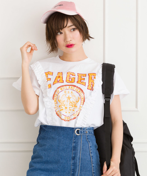 SpRay(スプレイ)の「サイドフリルカレッヂプリントTシャツ(Tシャツ/カットソー・レディース・ホワイト/グレー/スミクロ/マスタード/ネイビー・FREE)」の2枚目の写真