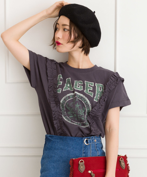 SpRay(スプレイ)の「サイドフリルカレッヂプリントTシャツ(Tシャツ/カットソー・レディース・ホワイト/グレー/スミクロ/マスタード/ネイビー・FREE)」の3枚目の写真