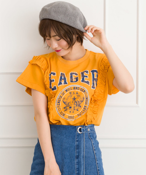 SpRay(スプレイ)の「サイドフリルカレッヂプリントTシャツ(Tシャツ/カットソー・レディース・ホワイト/グレー/スミクロ/マスタード/ネイビー・FREE)」の1枚目の写真