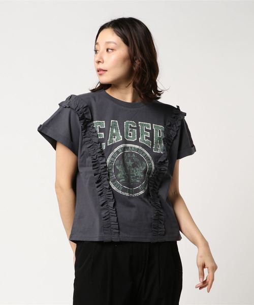 SpRay(スプレイ)の「サイドフリルカレッヂプリントTシャツ(Tシャツ/カットソー・レディース・ホワイト/グレー/スミクロ/マスタード/ネイビー・FREE)」の11枚目の写真