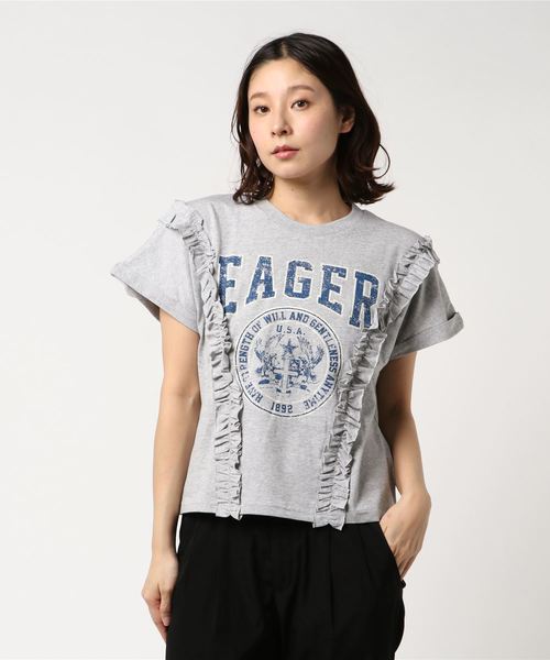 SpRay(スプレイ)の「サイドフリルカレッヂプリントTシャツ(Tシャツ/カットソー・レディース・ホワイト/グレー/スミクロ/マスタード/ネイビー・FREE)」の10枚目の写真