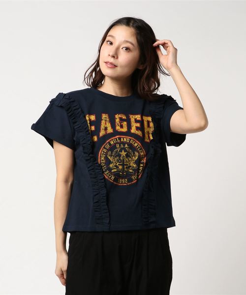 SpRay(スプレイ)の「サイドフリルカレッヂプリントTシャツ(Tシャツ/カットソー・レディース・ホワイト/グレー/スミクロ/マスタード/ネイビー・FREE)」の9枚目の写真