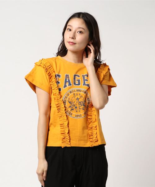 SpRay(スプレイ)の「サイドフリルカレッヂプリントTシャツ(Tシャツ/カットソー・レディース・ホワイト/グレー/スミクロ/マスタード/ネイビー・FREE)」の8枚目の写真