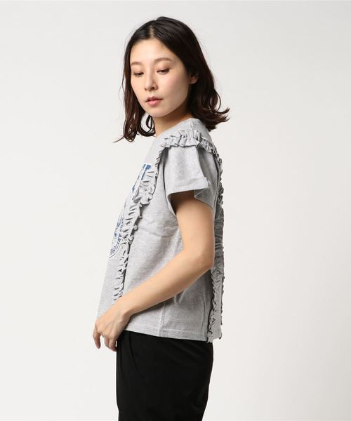 SpRay(スプレイ)の「サイドフリルカレッヂプリントTシャツ(Tシャツ/カットソー・レディース・ホワイト/グレー/スミクロ/マスタード/ネイビー・FREE)」の6枚目の写真