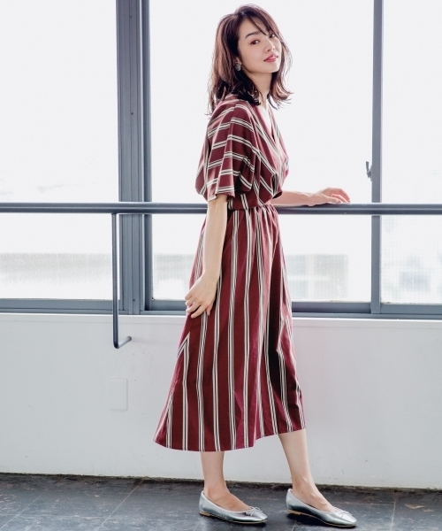 美品★アルアバイル//ストロベリーレッド ストライプカシュクールワンピース allureville（アルアバイル）の「ストライプカシュクールイレ