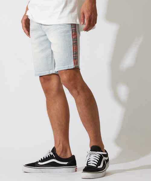 improves(インプローブス)の「チェック柄 ライン デニム ショートパンツ(デニムパンツ・メンズ・サックスブルー・MEDIUM/LARGE)」の1枚目の写真