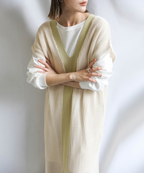 select MOCA(セレクトモカ)の「2021 SS メッシュ編みバイカラーロングベストワンピース(ベスト・レディース・ライトグリーン/オレンジ・FREE)」の19枚目の写真