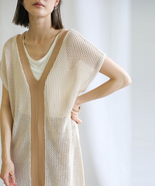 select MOCA(セレクトモカ)の「2021 SS メッシュ編みバイカラーロングベストワンピース(ベスト・レディース・ライトグリーン/オレンジ・FREE)」の11枚目の写真