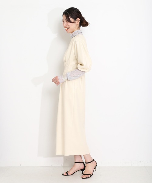 VERMEIL par iena ウエストシェイプパフスリーブワンピース　白 セール】P/Ryツイルウエストシェイプ パフスリーブワンピース