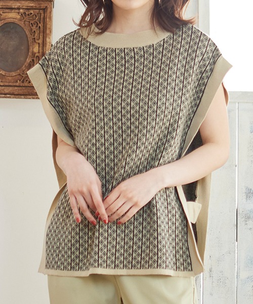 MATCH&more（マッチアンドモア）の「ジャカードベスト（ニット/セーター・レディース・ブラック/ブラウン/オフホワイト/グリーン・FREE）」の16枚目の写真