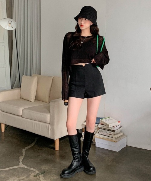 merongshop（メロンショップ）の「MERONGSHOP ハイウエストストレッチショートパンツ（その他パンツ・レディース・ブラック/アイボリー・LARGE/MEDIUM）」の7枚目の写真