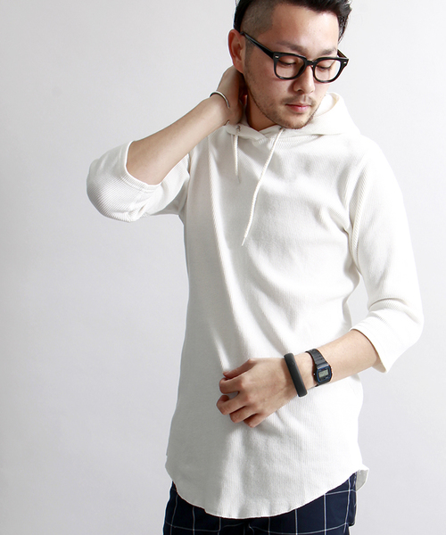 WEGO（ウィゴー）の「WEGO/ロングワッフルフード7分袖カットソー（Tシャツ/カットソー・メンズ・ブラック系その他/ホワイト・LARGE/MEDIUM）」の2枚目の写真