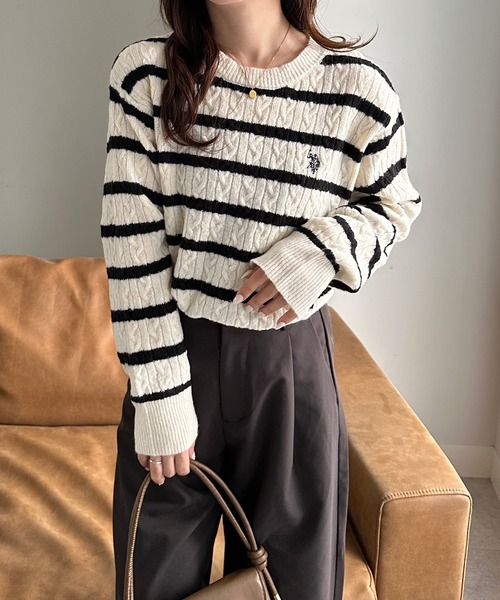 sullen JAREY ニットポロ　black&blue ours ローズ セール】RANAN/solleim別注【U.S.POLO ASSN.】刺繍長袖ケーブルポロ