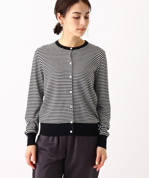 OPAQUE.CLIP（オペークドットクリップ）の「◆クルーネックカーディガン【エクストラファインオーガニックコットン】（カーディガン/ボレロ・レディース・ブラック/ホワイト系その他3/グリーン/ホワイト系その他6/ブルー・38/40）」の6枚目の写真