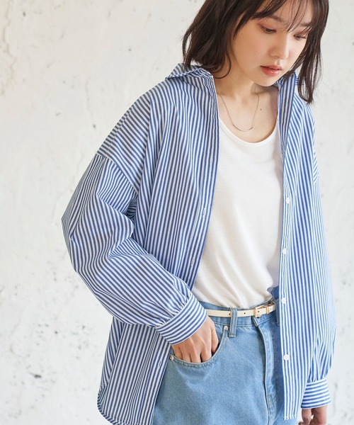 BELLUNA PLUS（ベルーナ）の「ストライプ柄ボリューム袖デザインシャツ（シャツ/ブラウス・レディース・ブラック/ブルー/グリーン/パープル/ネイビー・MEDIUM/LARGE）」の4枚目の写真