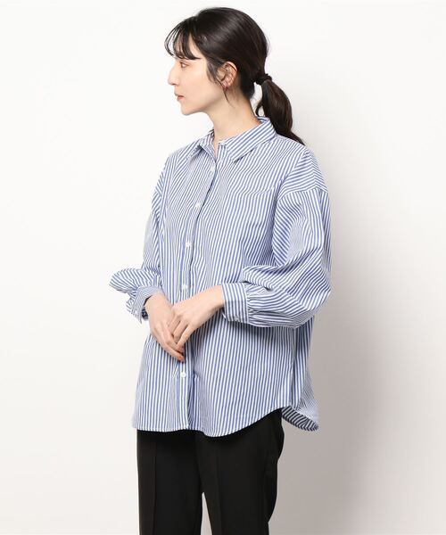 BELLUNA PLUS（ベルーナ）の「ストライプ柄ボリューム袖デザインシャツ（シャツ/ブラウス・レディース・ブラック/ブルー/グリーン/パープル/ネイビー・MEDIUM/LARGE）」の17枚目の写真