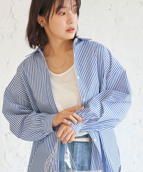 BELLUNA PLUS（ベルーナ）の「ストライプ柄ボリューム袖デザインシャツ（シャツ/ブラウス・レディース・ブラック/ブルー/グリーン/パープル/ネイビー・MEDIUM/LARGE）」の6枚目の写真