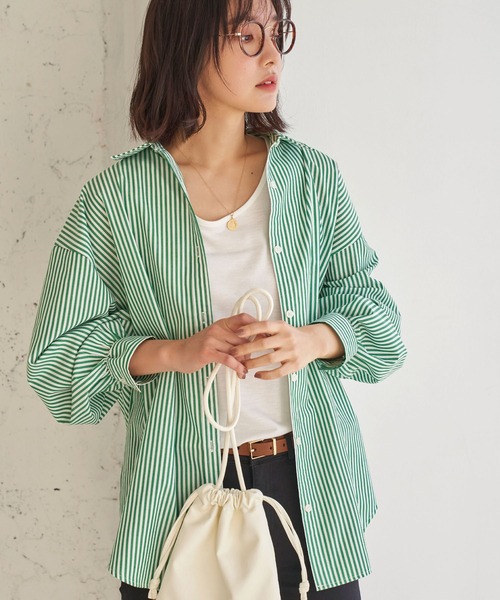 BELLUNA PLUS（ベルーナ）の「ストライプ柄ボリューム袖デザインシャツ（シャツ/ブラウス・レディース・ブラック/ブルー/グリーン/パープル/ネイビー・MEDIUM/LARGE）」の11枚目の写真