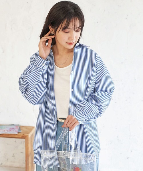 BELLUNA PLUS（ベルーナ）の「ストライプ柄ボリューム袖デザインシャツ（シャツ/ブラウス・レディース・ブラック/ブルー/グリーン/パープル/ネイビー・MEDIUM/LARGE）」の20枚目の写真