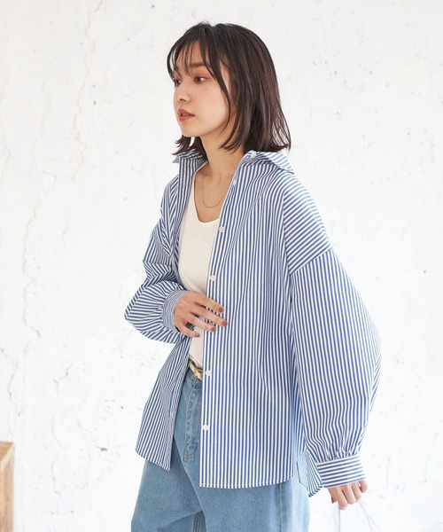 BELLUNA PLUS（ベルーナ）の「ストライプ柄ボリューム袖デザインシャツ（シャツ/ブラウス・レディース・ブラック/ブルー/グリーン/パープル/ネイビー・MEDIUM/LARGE）」の21枚目の写真