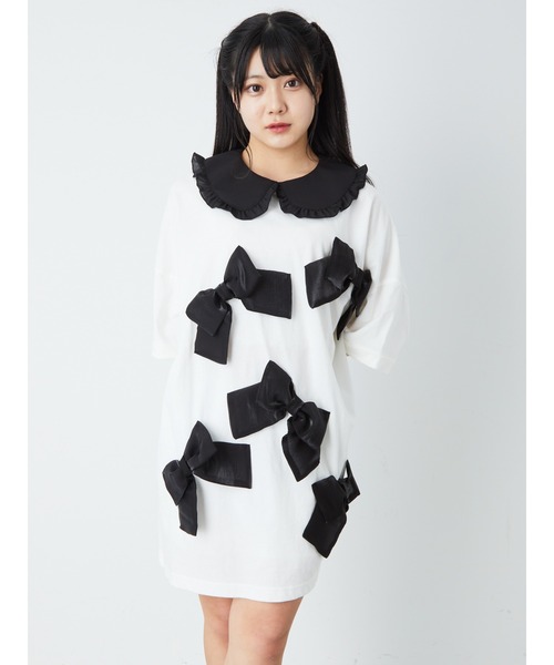 Jamie エーエヌケー(ジェイミーエーエヌケー)の「リボンがいっぱいTE(Tシャツ/カットソー・レディース・ブラック/ホワイト・M)」の2枚目の写真