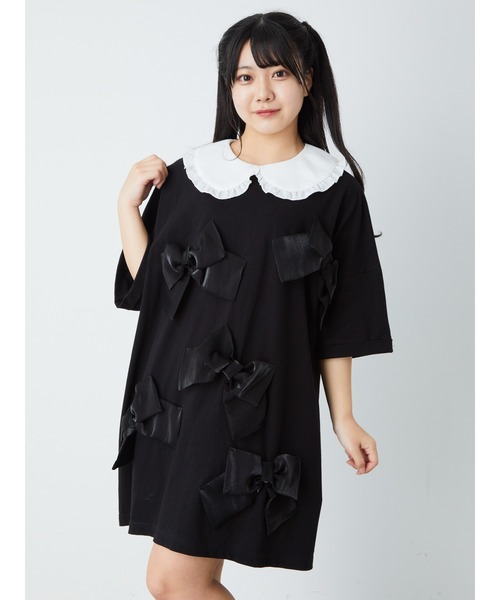 Jamie エーエヌケー(ジェイミーエーエヌケー)の「リボンがいっぱいTE(Tシャツ/カットソー・レディース・ブラック/ホワイト・M)」の1枚目の写真