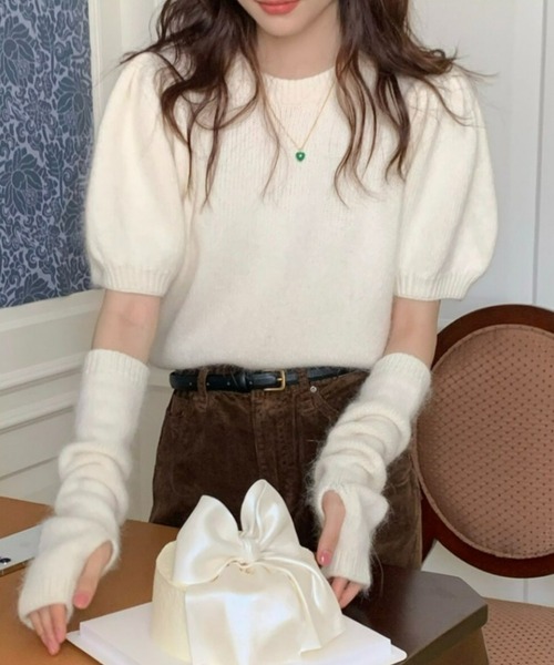 セール】【22A/W新作】アームウォーマー付きモヘアタッチニット