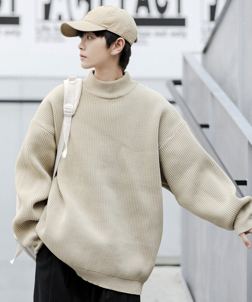 neos(ネオス)の「【neos -addictive design-】ルーズシルエット ワイド モックネック 畦編み プルオーバー ニット セーター(ニット/セーター・メンズ・ブラック/ベージュ/オフホワイト/ピンク/グレー・MEDIUM/LARGE)」の4枚目の写真