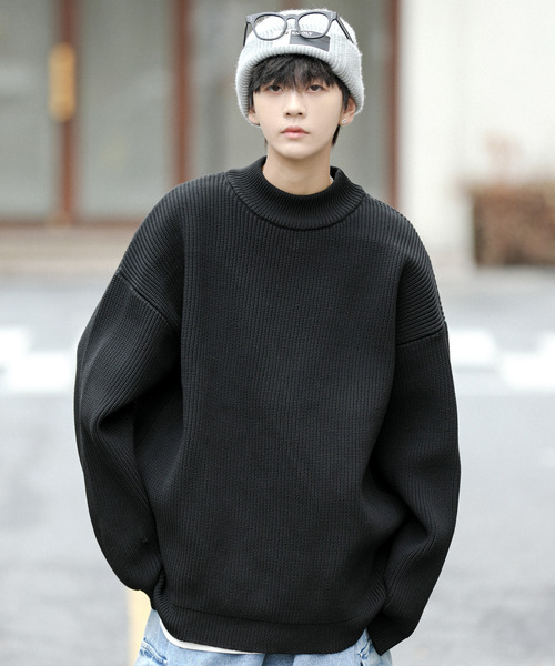 neos(ネオス)の「【neos -addictive design-】ルーズシルエット ワイド モックネック 畦編み プルオーバー ニット セーター(ニット/セーター・メンズ・ブラック/ベージュ/オフホワイト/ピンク/グレー・MEDIUM/LARGE)」の3枚目の写真