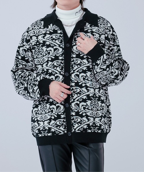 Ellno Loset（エルノロゼット）の「ダマスクポロニットカーディガン（カーディガン/ボレロ・メンズ・オフホワイト/ブラック・LARGE/MEDIUM）」の4枚目の写真